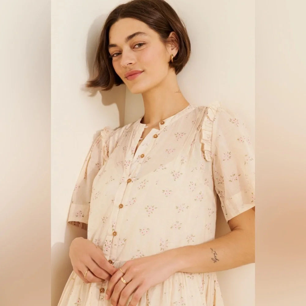 Free People Cottagecore Prairie Boho Oversized 70s Cotton Puff Sleeve Dress XS - Picture 6 of 16
